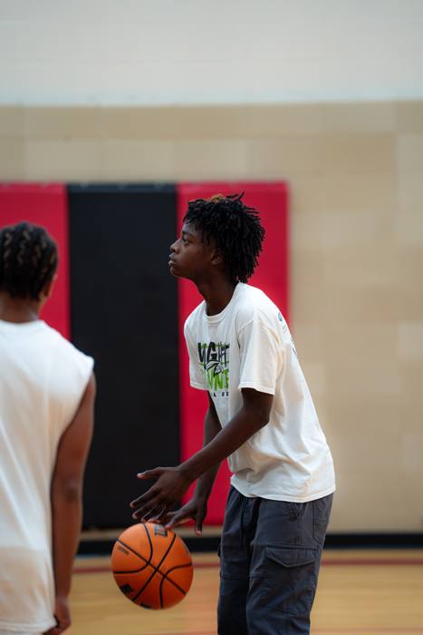 Player handling the ball at the top of the key